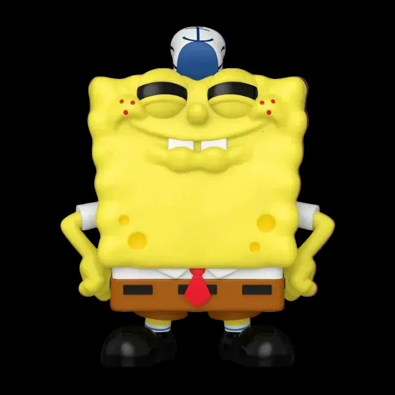 A Funko Pop! vinyl figure of SpongeBob SquarePants wearing a blue and white cap, black sunglasses, a white shirt, brown pants, and a red tie, set against a plain white background.