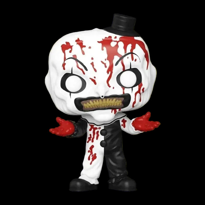 Funko Pop! vinyl figure of a blood-splattered clown with a black top hat, black and white outfit, and red gloved hands, shown on a plain white background.
